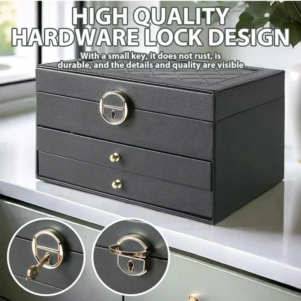 Green Jewellery Box Leather Storage‎ Case Drawer Cabinet Necklace Organizer